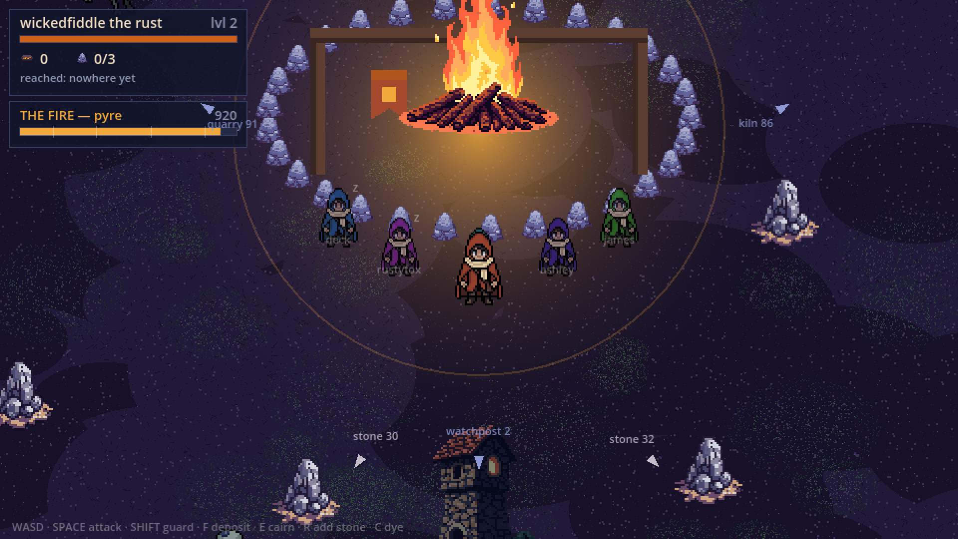 A bonfire at night ringed with set
                stones, several travellers asleep around it in different coloured cloaks